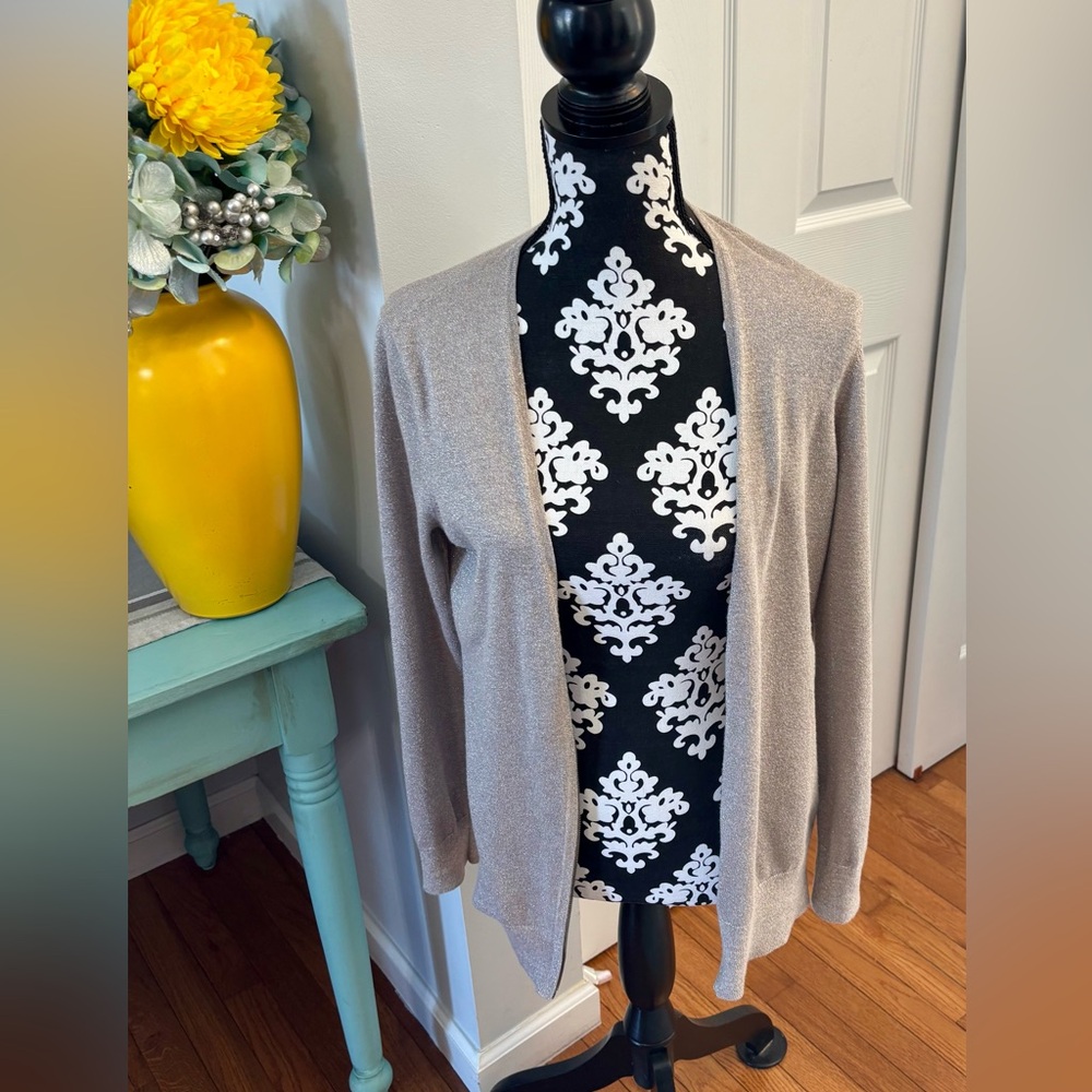 Loft Womens Cardigan Sweater Full Zip Knit Long Sleeve Tan Metalic Size Large